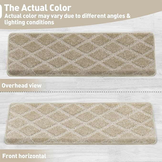 PURE ERA Bullnose Carpet Stair Treads Tape Free Non-Slip Indoor Stair Protectors Pet Friendly Stair Treads for Wooden Steps 9.5" x 30"(14 Pieces, Cream Gray Diamond Trellis)