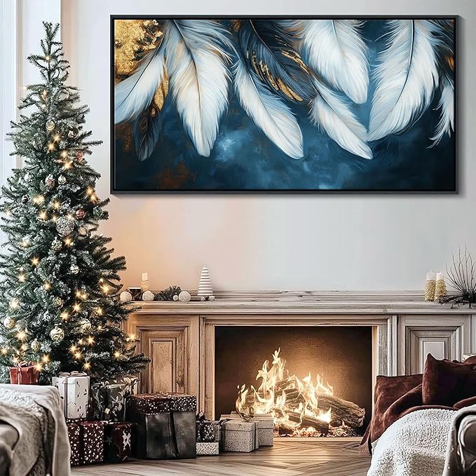 Mofutinpo Blue and Gold Wall Art Framed Navy Blue Decor for Living Room Feather Canvas Art Wall Decor, Blue Bedroom Wall Decor Above Bed Pictures, Painting - Artwork for Walls 29×58IN