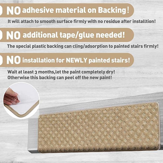 PURE ERA Bullnose Carpet Stair Treads Set Tape Free Non-Slip Indoor Stair Protectors Pet Friendly Rugs 9.5" x 30"(7 Pieces,Khaki Mini-Diamond Trellis)