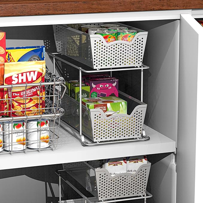 Simple Houseware Cabinet 2 Tier Perforated Basket Drawer, Silver - 2 Pack