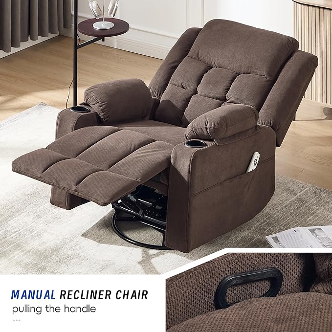 Swivel Recliner Chair for Adults with Massage and Heat,Manual Glider Rocking Recliner Chair with Cup Holds and Pockets,Reclining Rocker Chairs for Living Room R8811(Cocoa)
