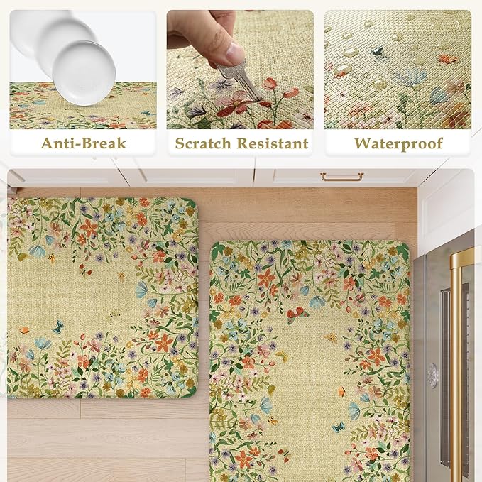 KIMODE Kitchen Mats Cushioned Anti Fatigue, Summer Farmhouse Flower Kitchen Rugs Sets of 2, Padded Kitchen Floor Mats, Non Slip Standing Mats for Sink Laundry Office Desk Brown 20"x47"+20"x32"