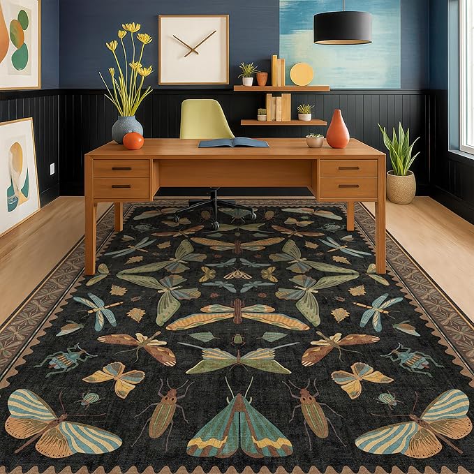 Living Room Rug Black Boho 6x9 - Dining Room Rugs for Under Table, Bedroom, Insect Bug Eclectic Home Décor, Washable Non Slip Foldable