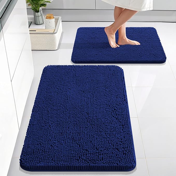 OLANLY Bathroom Rugs Sets 2 Piece, Soft Absorbent Chenille Bath Mats Area Rug Set, Non-Slip, Quick Dry, Machine Washable Bath Mats for Bathroom, Home Decor Accessories (36"x24"+30"x20", Navy)