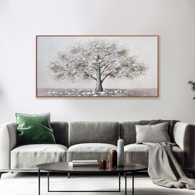 Abstract Wall Art Tree of Life White Background Canvas Wall Decor Framed Artwork Modern Aesthetic Suitable for Living Room Bedroom and Office Home Decor 24x48 In
