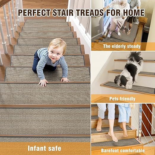 15pcs Stairs Treads and 1 Landing Carpet, Breathable Chenille Stair Carpet Non Slip for Wooden Steps Rubber Backing Stairs Runner Indoor Treads Stair Covers Mat 8"X30" and 30"X30"