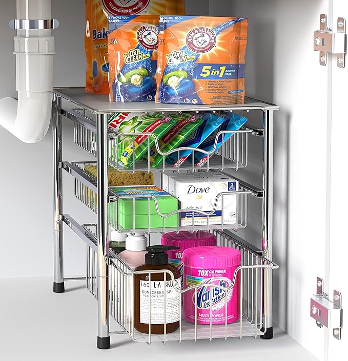 Simple Houseware Stackable 3 Tier Sliding Basket Organizer Drawer, Chrome