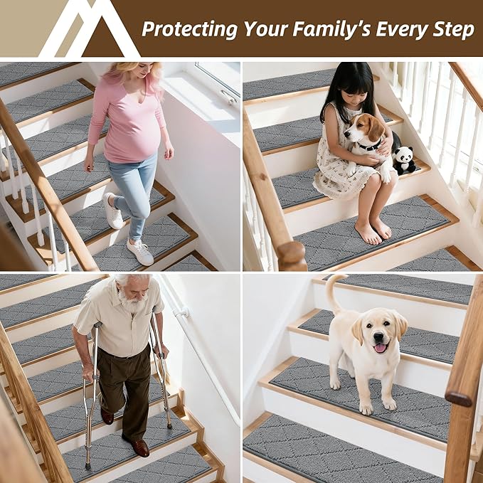 COSY HOMEER Stair Treads for Wooden Steps 9"x28" Washable Indoor Carpet Stair Treads Non Slip Soft Polyester Stair Carpet Tread Reusable Stair Runner Rugs for Kids, Elders,Pets,Medium Grey,15pcs