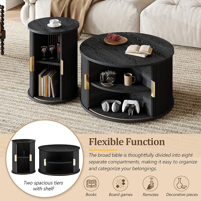Merax Round Coffee Table Set, Mid Century Coffee Table with Sliding Tambour Door, Fluted Accent Center Table with Storage for Living Room, Office,Black