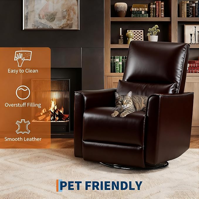 IDEALHOUSE Swivel Rocking Nursery Recliner Chair Rocker Recliner Glider Deep Seat PU Leather Sofa Chair with high Backrest for Nursery, Living Room, Bedroom & Home Movie Theater (Dark Brown)