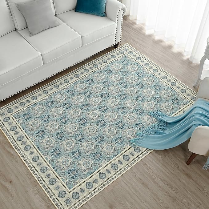 Vintage Washable Area Rug 9x12, Spill-Proof Surface, Non-Slip Backing, Cozy Soft Faux Wool, Printed Rug for Living Room Bedroom Dining Room - Maya
