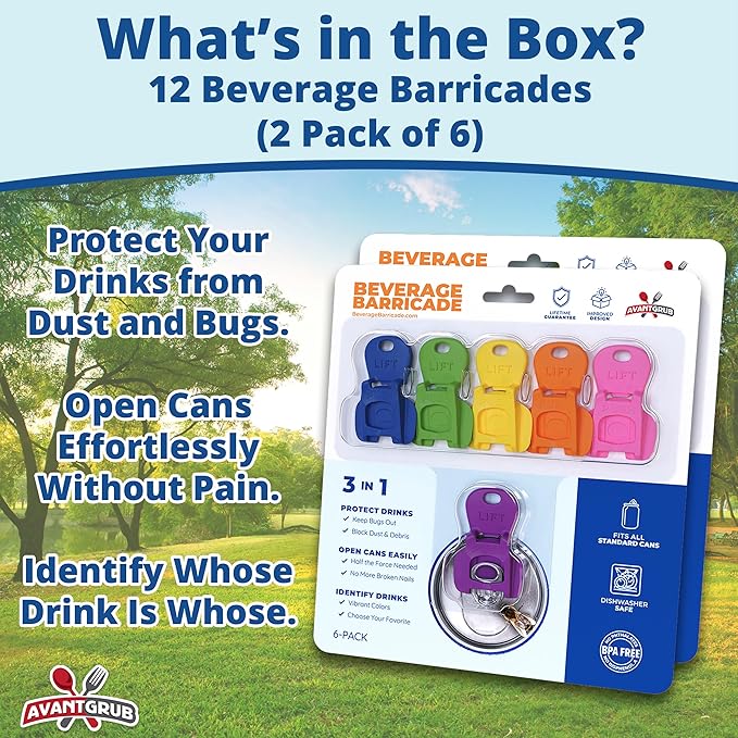Complete Cover Easy Tab Opener New and Improved 12PK Beverage Barricade 2.0 by Avant Grub. Colorful Drink Can Protector Cap for Soda, Beer, Coke Shields From Bugs, Bees, Dust at the Party, BBQ, Beach