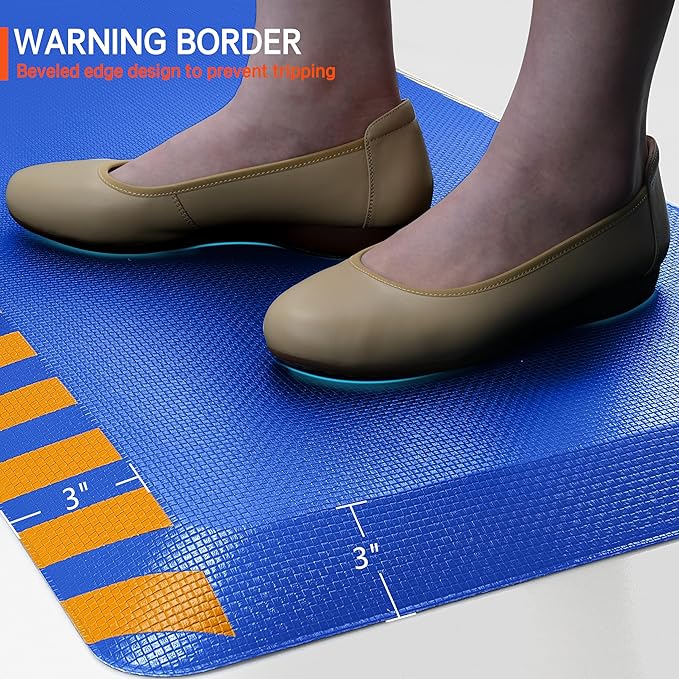 FEATOL Anti Fatigue Mat Industrial, Ergonomic Standing Floor Mat for Work for Stand, Safety Support for Leg & Back Pain(Blue with Yellow Border, 20" x 39", 2PC)