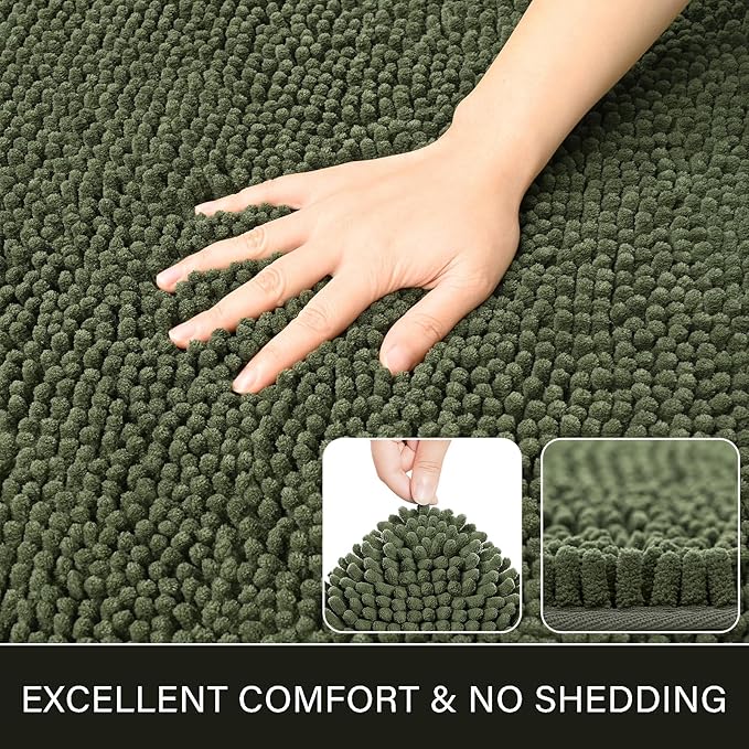 LOCHAS Luxury Bathroom Rug Shaggy Bath Mat 24 x 80 Inch, Washable Non Slip Bath Rugs for Bathroom Shower, Soft Plush Chenille Absorbent Carpets Mats, Olive Green