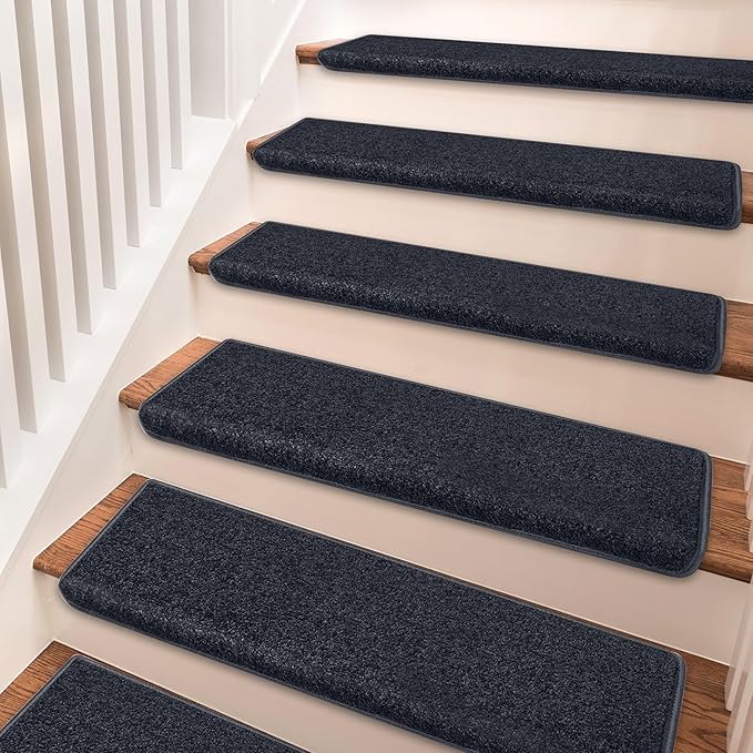 PURE ERA Bullnose Carpet Stair Treads Set Tape Free Non-Slip Indoor Stair Protectors Pet Friendly Rugs Covers Soft Skid Resistant Washable Reusable 9.5" x 30"(2 Pieces,Black)
