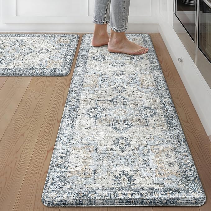 GENIMO Kitchen Mats for Floor 2PCs, Washable Anti Fatigue Mat for Cushioned, 17.3"x59"+17.3"x30", Waterproof Kitchen Rugs, Non Slip Foam Standing Mat Rug for Home, Sink, Office, Laundry, Light Blue