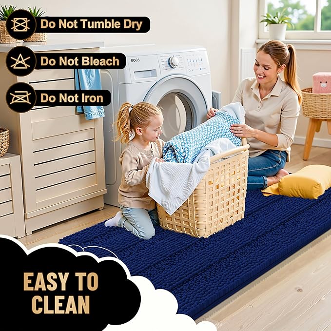 OLANLY Thick Bathroom Rugs 44x24, Extra Soft Absorbent Chenille Striped Bath Rugs, Rubber Backing, Machine Wash Dry, Bath Mats for Bathroom Floor, Tub and Shower, Home Decor Accessories, Navy