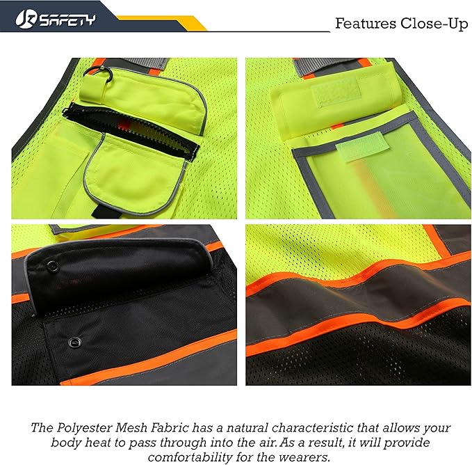 JKSafety 9 Pockets Hi-Vis Fluorescent Color Mesh Reflective Safety Vest for Men Women | Chaleco de seguridad para hombres y mujeres (100-Yellow-Black 5XL)