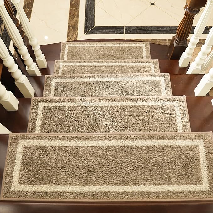 COSY HOMEER Soft Stair Treads Non-Slip Carpet Mat 28inX9in Indoor Stair Runners for Wooden Steps,Stair Rugs for Kids and Dogs, 100% Polyester TPE Backing 10pcs,Beige,Square