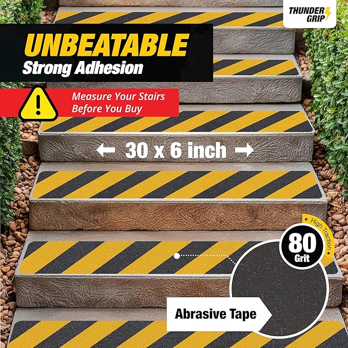Black and Yellow Non Slip Strips for Steps 30" x 6" 12-Pack Outdoor Stair Treads - Waterproof Anti Slip Grip Tape for Safety Walk - Strong Adhesive Caution Tape for Floor and Ramps by Thunder Grip