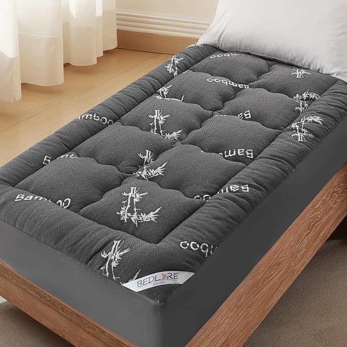 BEDLORE Twin XL Mattress Topper Viscose Derived from Bamboo, Thick Pillow Top Mattress Pad with Deep Pockets for 6-15 inches Mattress, Soft Mattress Topper College Dorm Size for Back Pain(Dark Gray)