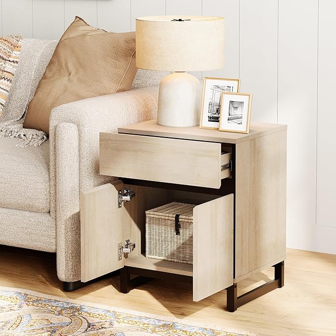 WAMPAT 2 Pack Modern End Table with 1 Drawer & 1 Storage Cabinet, Farmhouse Sofa Table with 2 Open Door, Wood Rustic Side End Table for Living Room, Nighstand for Bedroom, Light Oak