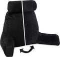 Husband Pillow XXL Aspen Edition, Adult Reading Sit Up Bed Rest Pillow for Bed with Arms & Neck Roll on Bungee Cord - Premium Memory Foam - Reversible 2 Sided Cover Micro Suede or Plush, Stable Black