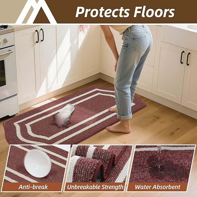 COSY HOMEER Long Kitchen Floor Mats for in Front of Sink Super Absorbent Kitchen Rugs and Mats 24"x79" Non-Skid Kitchen Mat Standing Mat Washable,Polypropylene,Red,Frame