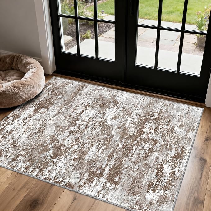 3x5 Area Rug Washable Entryway Rug Non Slip Abstract Tear and Stain Resistance No Pile Lightweight Throw Rugs Carpet for Kitchen, Entrance, Foyer, Bedside, Mudroom, Brown