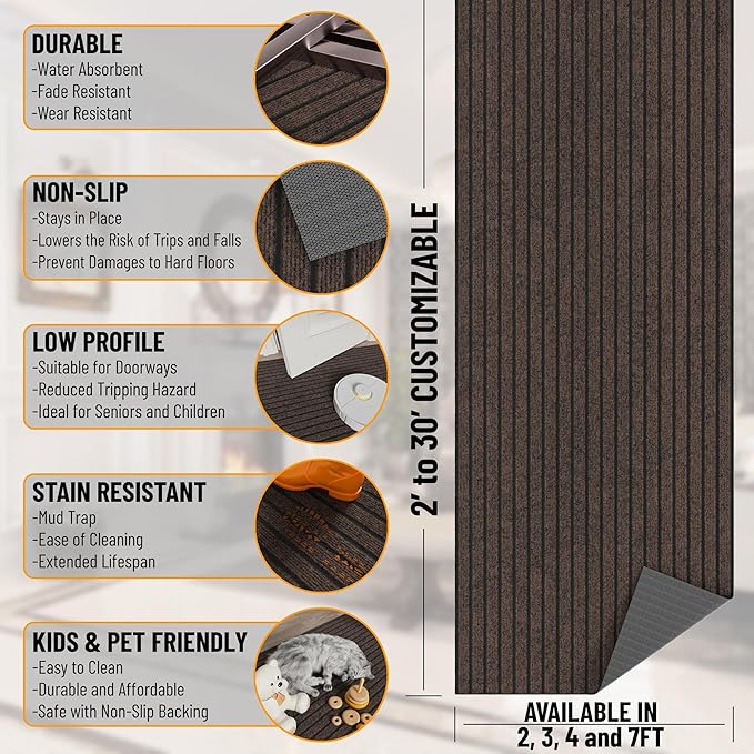 Ottomanson 2'7" x 22' Hallway Runner with Scraper Pile - Extra Durable Non-Slip Rug Mat for Indoor & Outdoor Use - Ideal for Kitchen, Entryway & Garage - High-Traffic Carpet, Brown