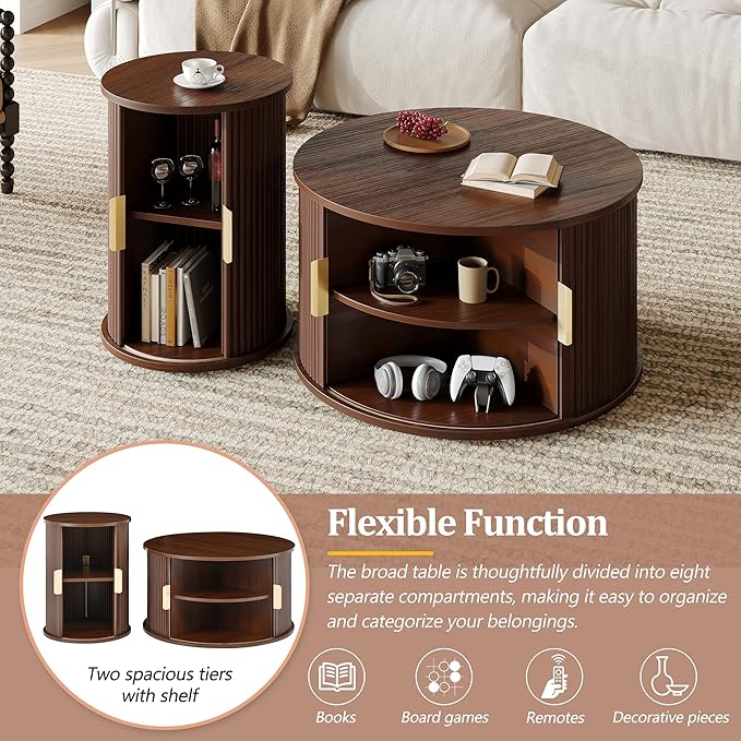 Merax Round Coffee Table Set with Storage, Fluted Center Tables with Sliding Cabinet Door for Living Room, Home, Office, Small Center Table,Walnut