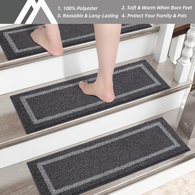COSY HOMEER Soft Stair Treads Non-Slip Carpet Mat 28inX9in Indoor Stair Runners for Wooden Steps,Stair Rugs for Kids and Dogs, 100% Polyester TPE Backing 10pcs,Black,Square