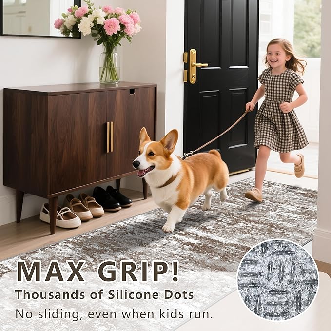 Rug Runners 2x8 Ultra Non-Slip Washable Kitchen Rug Abstract Tear and Stain Resistance No Pile Hand-Woven Style Lightweight Runners for Hallways, Entryway, Laundry Room, Bedside, Brown