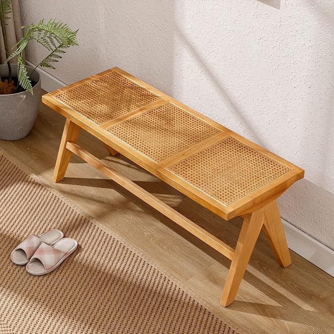 Farmhouse Rattan Entryway Bench, Wood Cane Dining Bench Long Seat with Footrest, Wicker End of Bed Storage Bench for Bedroom Living Room Dining Room Hallway, Natural