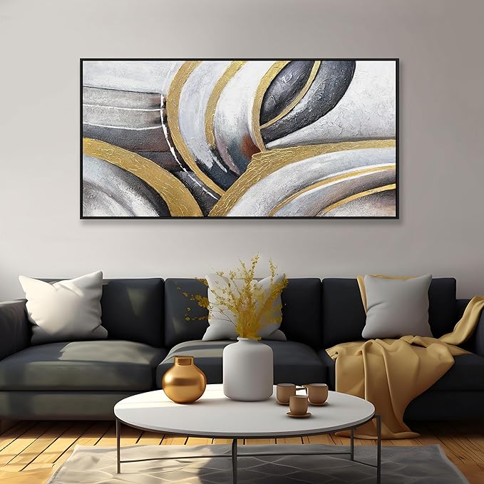 Abstract Wall Art Black White and Gold Painting Abstract Canvas Wall Decor Framed Artwork Modern Home Wall Decor for Living Room Bedroom Office 20"x40"
