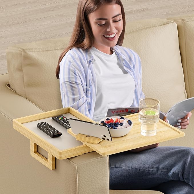 Wealone Bamboo Couch Arm Tray for Wide Couch, Sofa Arm Clip Table with Storage Box, Couch Armrest Tray with 360°Rotating Phone Holder, Sofa Arm Table Clip for Eating, Drinks or Dining