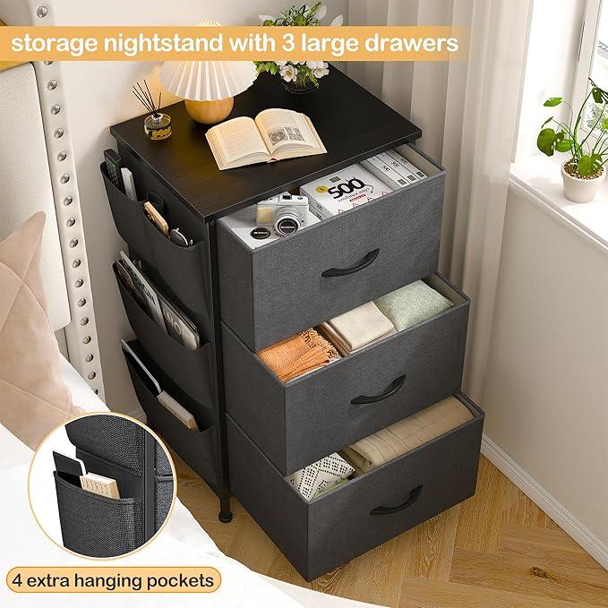 Night Stand Set 2, Night Stand with Drawers for Bedroom, Bedside Table with Wooden Top, Sturdy Steel Frame End Table, Dorm Nightstand for Bedroom, Entryway, Hallway, Closet, Cloth Bags, Hooks, Grey