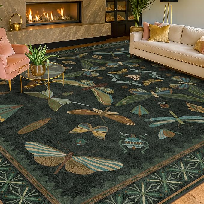Green Living Room Rug - Vintage Washable Dark Green 10x14 Rug for Dining Room Under Table, Bedroom, Insect Moth Floral Design, Non-Slip Soft Low Pile