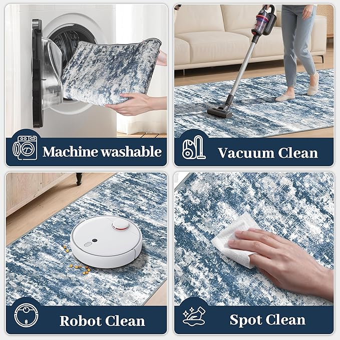 Runners for Hallways Ultra Non-Slip 2x10 Long Runner Rugs Washable Abstract Tear and Stain Resistance No Pile Lightweight Modern Rug Runners for Entryway, Kitchen, Walkway, Entrance, Blue