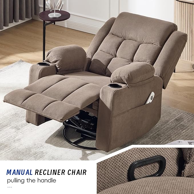 Swivel Recliner Chair for Adults with Massage and Heating,Manual Glider Rocking Recliner Chair with Cup Holds and Pockets,Reclining Rocker Chairs for Living Room Bedroom R8811 (Coffee)