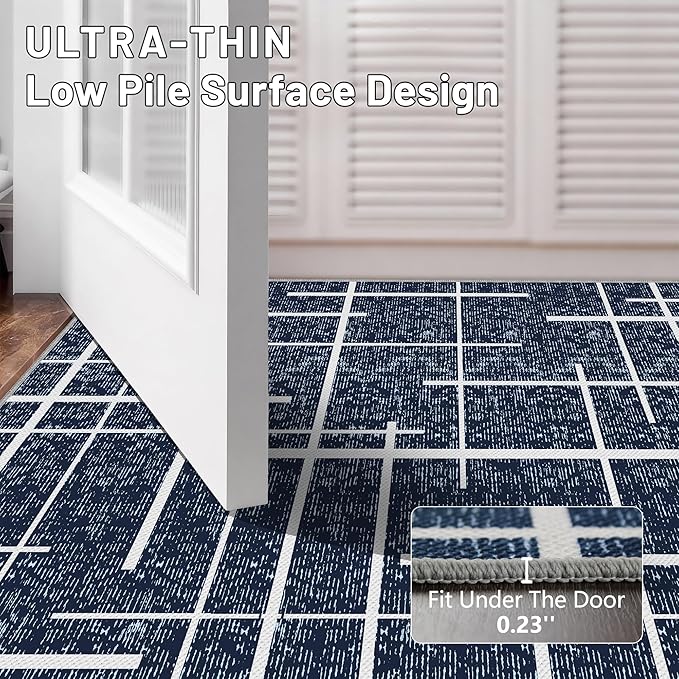 Non Slip Hallway Runner Rug 2x10, Blue Modern Distressed Stripe, Washable Long Rug, Woven Thin Low Pile Carpet Runners for Hallway 10ft Entryway, Kitchen, Walkway- Blue