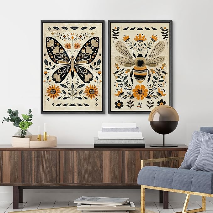 MUDECOR Framed Canvas Print Wall Art Set Butterfly Animals Botanical Bee llustrations Modern Art Decorative Bohemian Calm/Zen for Living Room, Bedroom, Office - 16"x24"x2 Black