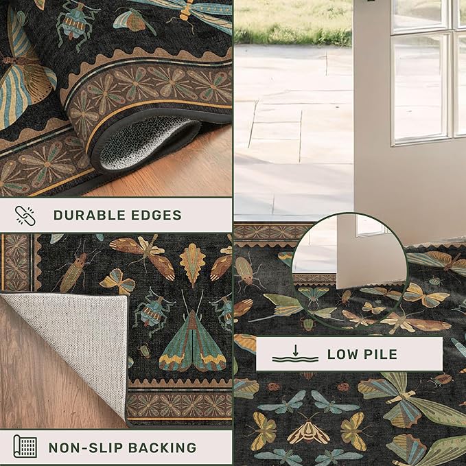 Washable Black 6ft Round Area Rugs for Bedroom Beside Bed - Dark Unique Insect Print Circle Rug for Living Room, Dining Room, Vintage Nature Insect Design, Low Pile & Soft