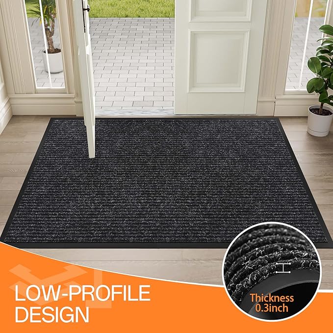 Indoor Outdoor Door Mat, 6' x 4' Doormat for Entryway, Rubber Backing Non Slip Front Door Mat Outside Entrance, Super Absorbent Commercial Floor Mat for Home Office, Black