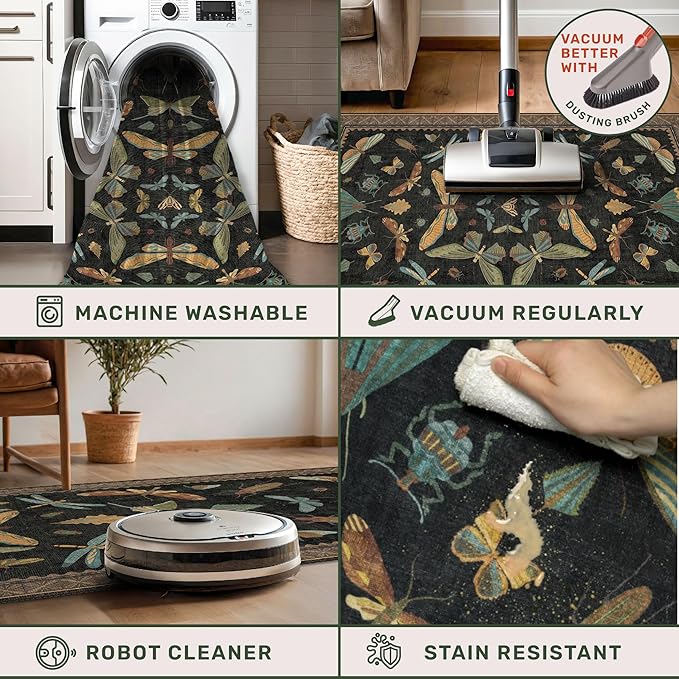 Black Insect 2'6"x10' Washable Extra Long Runner Rugs for Hallways, Non Skid Stain Resistant Wide Rug Runners for Kitchen, Entryway, Dark Floral Boho Butterfly Pattern Indoor Decor