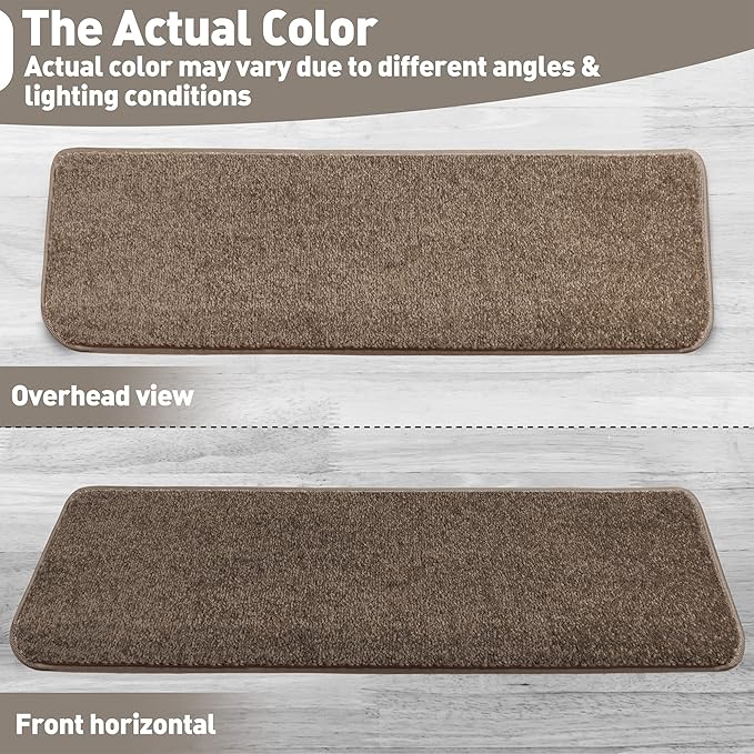 PURE ERA Bullnose Carpet Stair Treads Set Tape Free Non-Slip Indoor Stair Protectors Pet Friendly Rugs Covers Soft Skid Resistant Washable Reusable 9.5" x 30"(7 Pieces, Camel Brown)