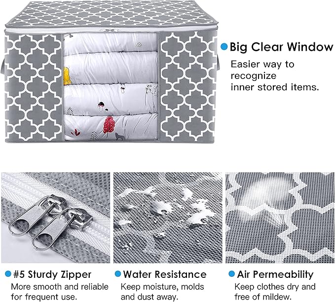 WISELIFE Storage Bags 100L 2-Pack Large Blanket Clothes Organization and Storage Containers for Bedding, Comforters, Foldable Organizer with Reinforced Handle, Clear Window, Sturdy Zippers, Light Grey