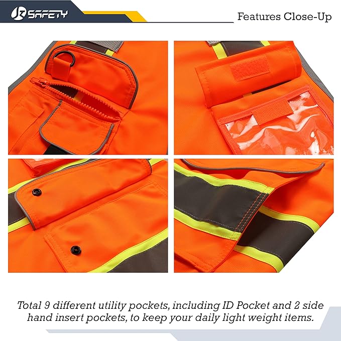 JKSafety 9 Pockets High Visibility Zipper Front Safety Vest | Orange with Dual Tone High Reflective Strips | Meets ANSI/ISEA Standards (901-Orange, XX-Large)