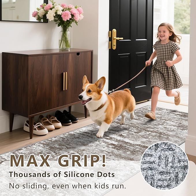 Kitchen Rugs Ultra Non-Slip 2.6x12 Washable Runner Rug Abstract Tear and Stain Resistance No Pile Lightweight Runners for Entryway, Hallway, Walkway, Bedside, Entrance, Brown