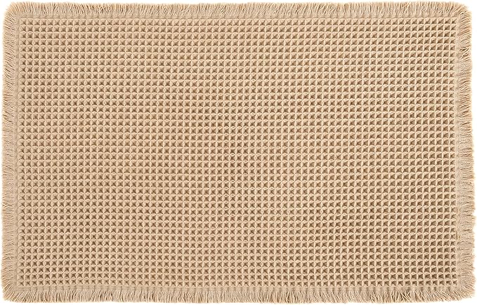 Hiasan Waffle Bath Mat, Super Absorbent Non Slip Bathroom Boho Rug with Tassels, Machine Washable Bath Mats for Bathroom, Ultra Soft Rubber Backed Rug, Brown, 16 x 24 Inches
